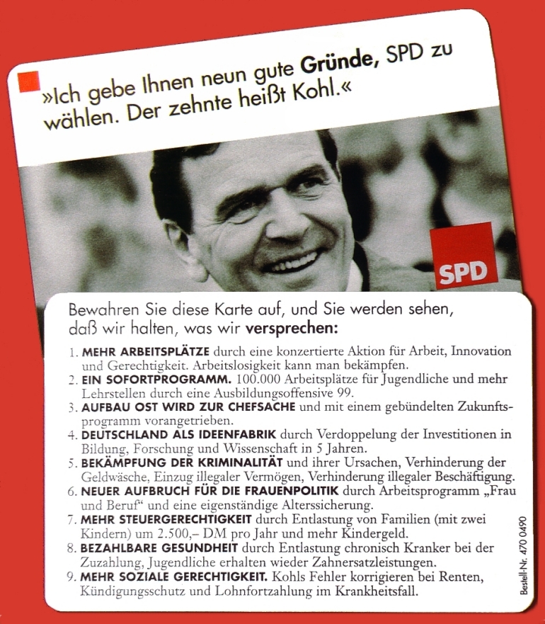 die berhmte Scheckkarte mit den Wahlversprechen 1998 von Gerhard Schrder
